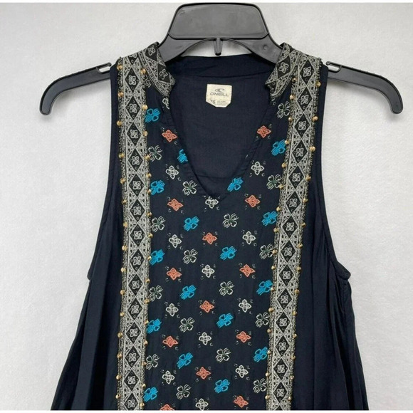 O'neill Dress Women's Sz XS Black Sleeveless A Line Tunic Floral Diamond Studded - Picture 6 of 9